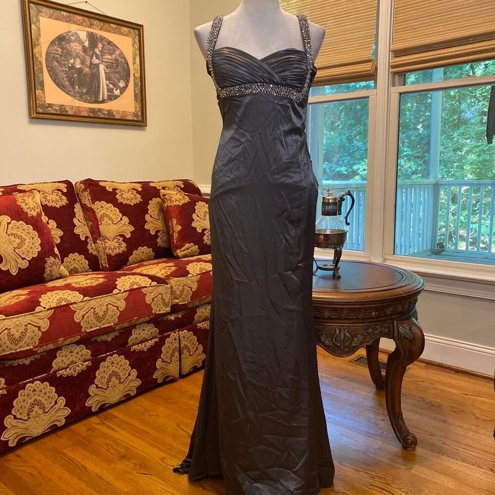 Vintage y2k neckline  beaded grey blue prom dress with ruched details open back